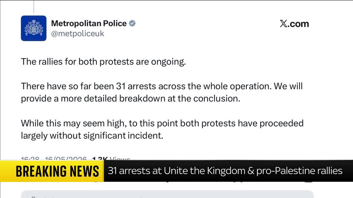 BREAKING: 31 arrests have been made at the ‘Unite the Kingdom’, and the pro-Palestine protests so far, says the Met Police. The force has also said that both protests have proceeded largely without significant incident Live updates: