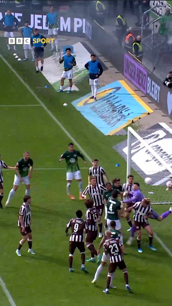 Wolfsburg beat St Pauli in a game that decided the Bundesliga's final automatic relegation spot. This goal was given on-field, VAR recommended an on-field review but the referee stuck to his original decision. St Pauli have been relegated. Wolfsburg will contest a play-off.