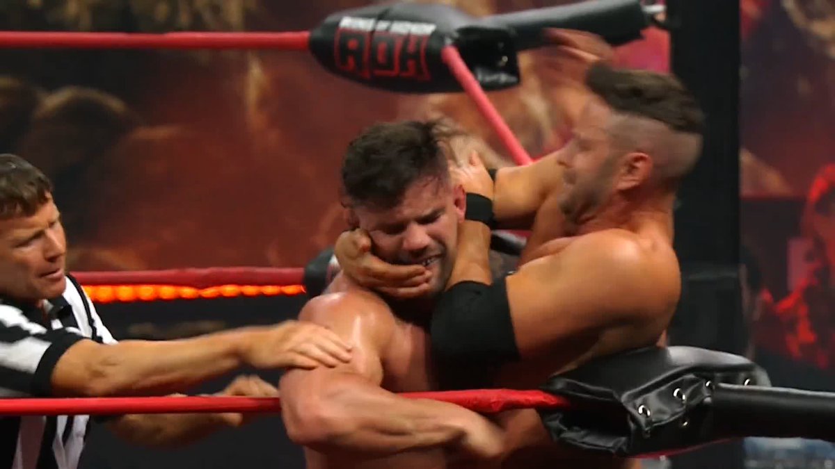 This is absolutely genius. Nigel McGuinness *technically* applying a hold while Josh Woods is on the ropes, thus forcing Woods to use one of his rope breaks in a Pure Rules match. Exhibit Z of McGuinness being a wrestling savant.