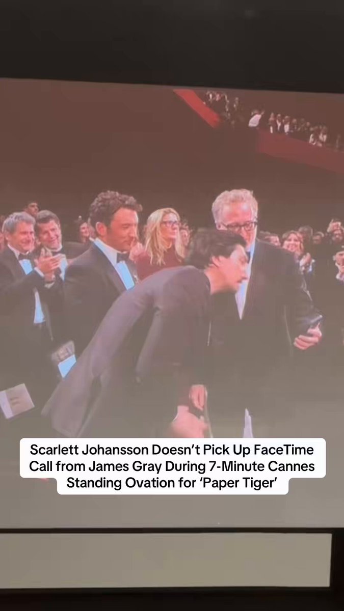 #ScarlettJohansson missed the #Cannes world premiere of “Paper Tiger,” so director James Gray tried to FaceTime her during the film’s 7-minute standing ovation. To his dismay, she didn’t answer. Johansson, who stars alongside Adam Driver and Miles Teller, couldn’t make the festival in the South of France because she is currently filming #TheExorcist reboot.