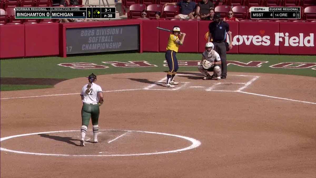 Putz goes yard for 237'9'' and three runs! Her 22nd HR this season. Wolverines up 4-0. Binghamton will make a change in the circle with no outs.