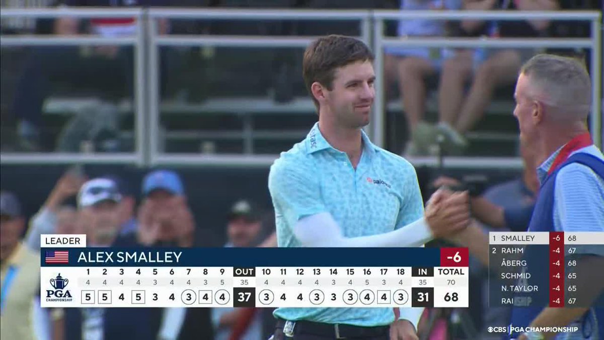 Clutch putt by the 54-hole leader. Alex Smalley will take a two-shot lead into Sunday at the PGA Championship.