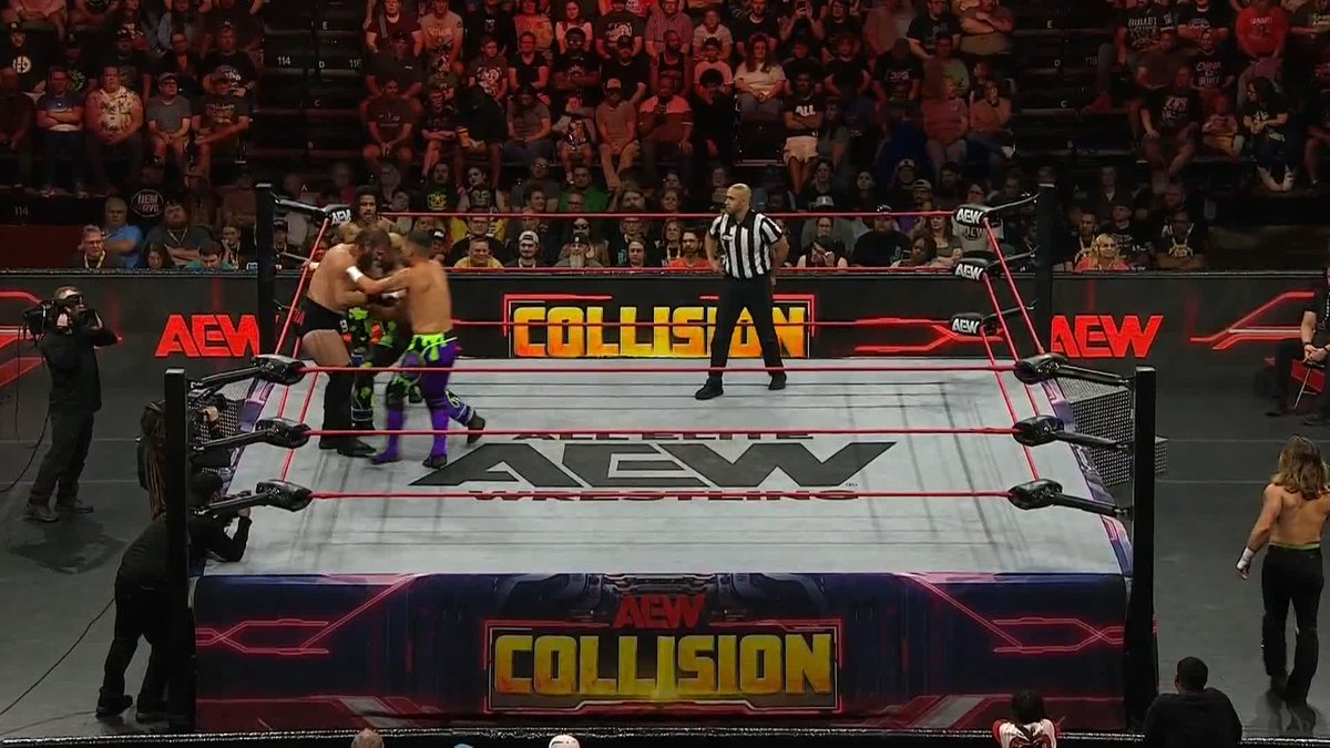 Chaos everywhere! This trios battle has broken down inside and outside the ring! Watch #AEWCollision LIVE on TNT + HBO Max