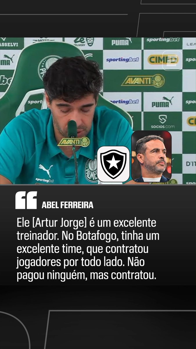 Abel Ferreira alfineta Botafogo ao falar sobre Artur Jorge, técnico do Cruzeiro: “No Botafogo, tinha um excelente time, que contratou jogadores por todo lado. Não pagou ninguém, mas contratou.” 🎥 ESPN Brasil