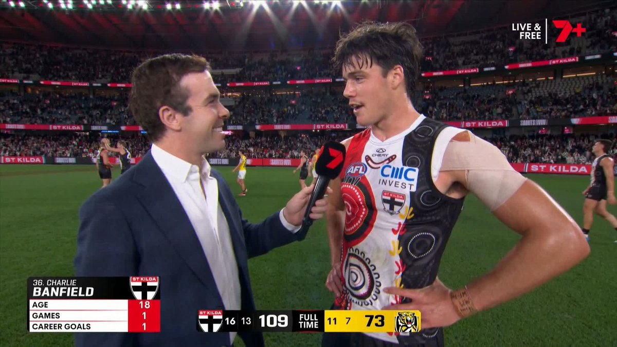 "Nothing's better. This has been a dream for a long time." 🗣️ Charlie Banfield following his AFL debut in #AFLSaintsTigers