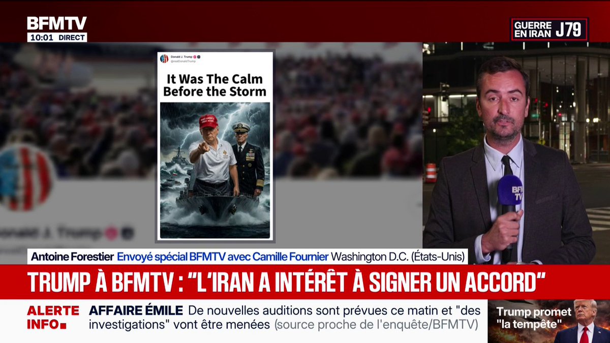 Le correspondant de BFMTV aux États-Unis a interrogé Donald Trump sur l'Iran. "Ils ont intérêt à conclure un accord" Sur son réseau Truth Social, le président américain poste aussi ce message, comme une nouvelle mise en garde: "C'était le calme avant la tempête"