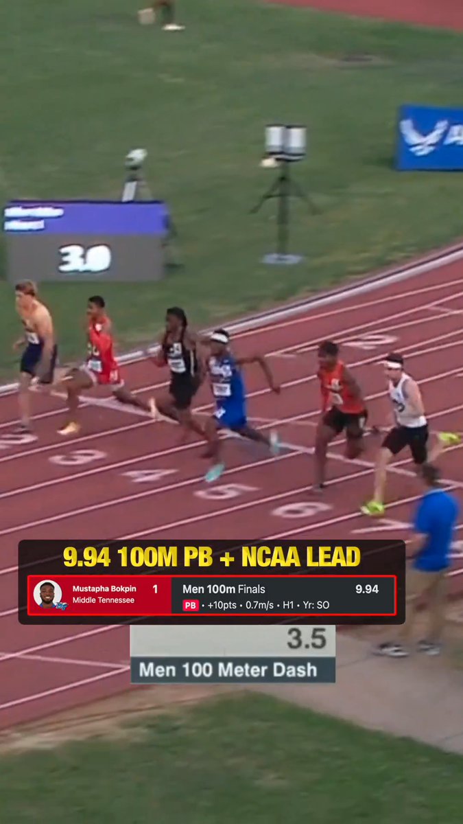 Middle Tennessee sophomore 🇬🇭Mustapha Bokpin runs wind legal 9.94 100m NCAA lead at the CUSA Champs!