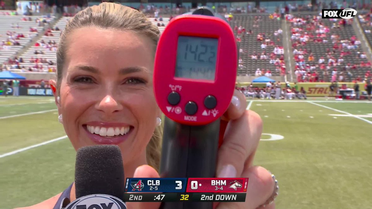 🥵🔥☀️ Thanks to Jenny Taft's thermometer, the turf is 142° in Birmingham ‼️