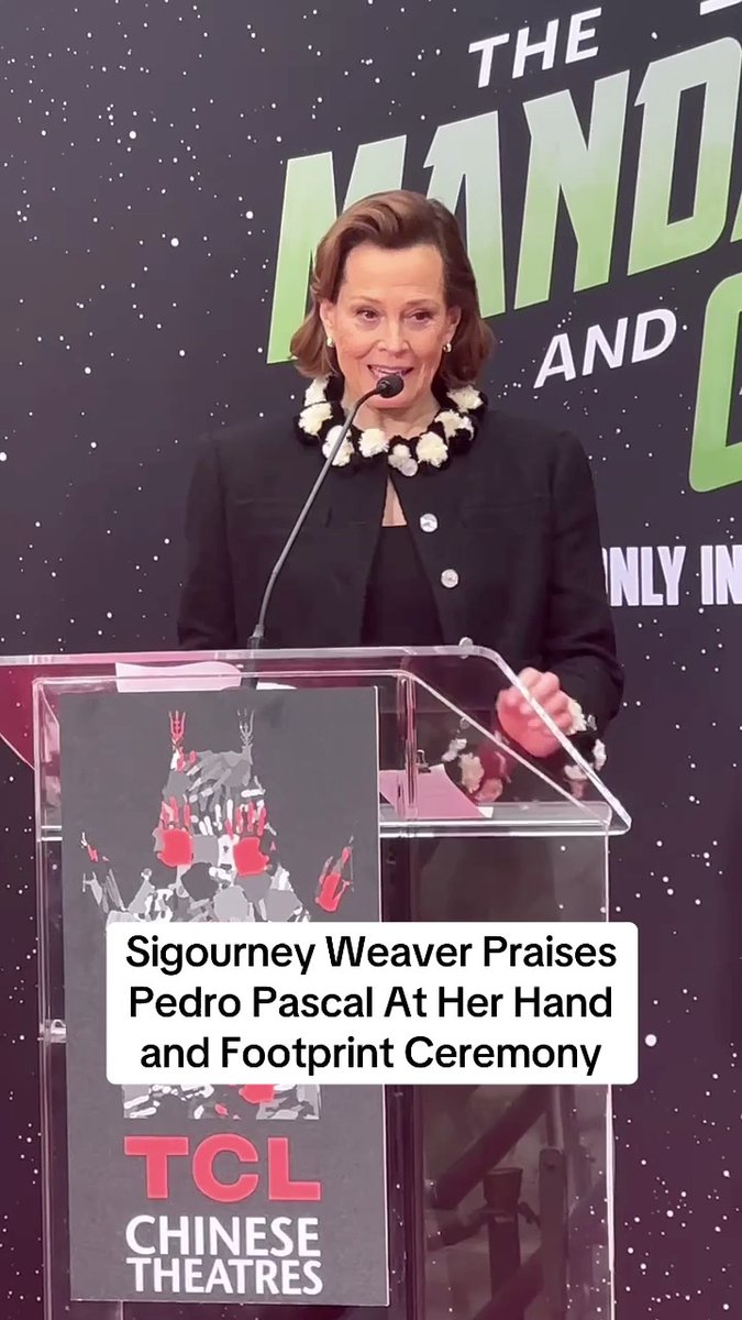 Sigourney Weaver shares her love for #TheMandalorianAndGrogu co-star Pedro Pascal at her hand and footprint ceremony.