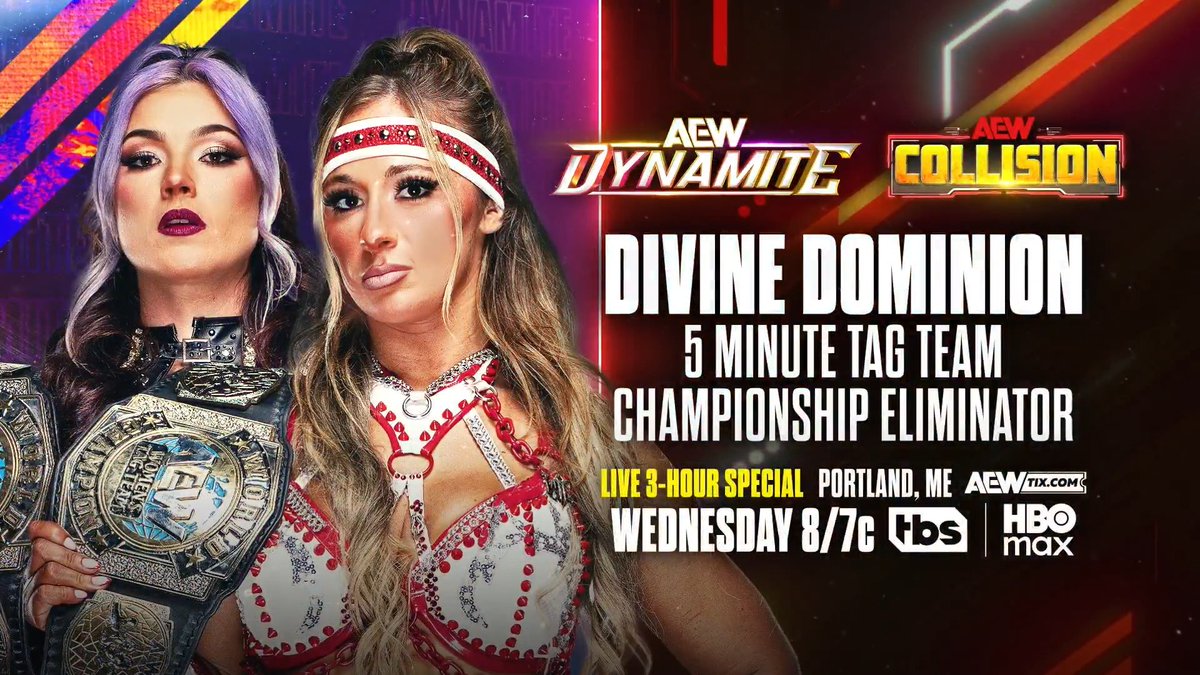 #AEWDynamite/#AEWCollision 8/7c TBS & HBO Max Wed 5/20 @MeganBayne & Lena Kross レナ・クロス 5 Minute AEW Women's World Tag Team Title Eliminator Divine Dominion have said they will give a title shot to any team that lasts 5 minutes against them. Their open challenge continues WEDNESDAY!