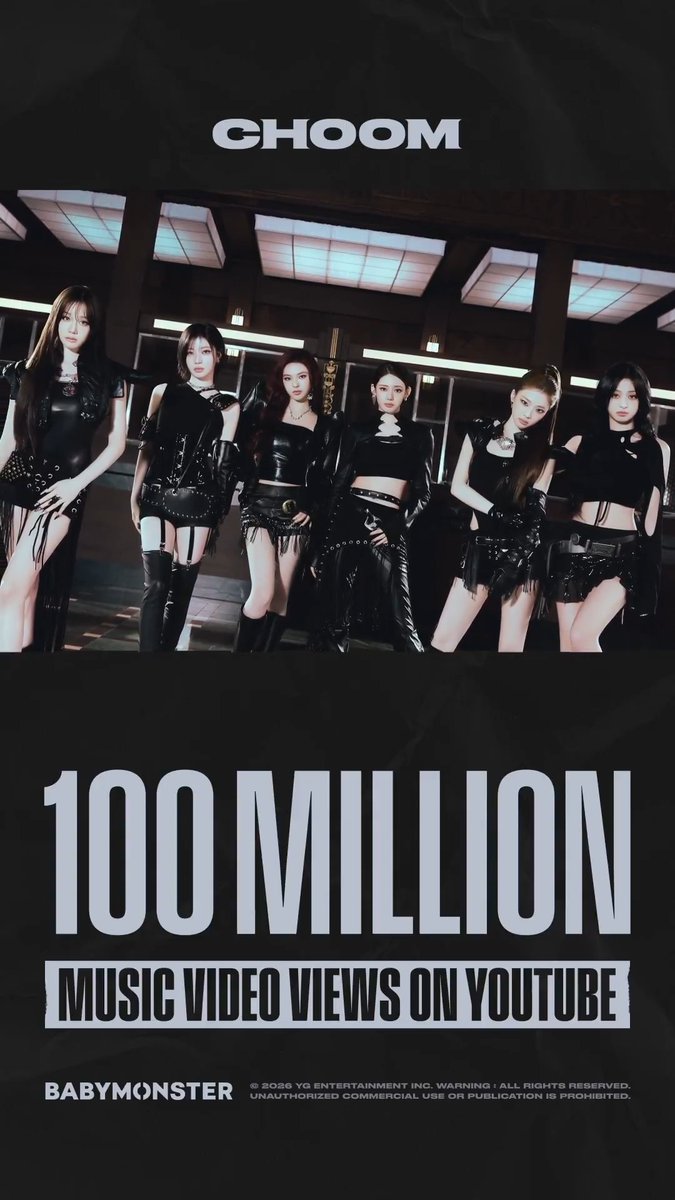 #BABYMONSTER ‘춤 (CHOOM)’ M/V HITS 100 MILLION VIEWS YouTube MONSTIEZs worldwide, thank you so much! ‘춤 (CHOOM)’ M/V 🎥 #베이비몬스터 #춤 #CHOOM #MV #100MILLION #YOUTUBE #YG
