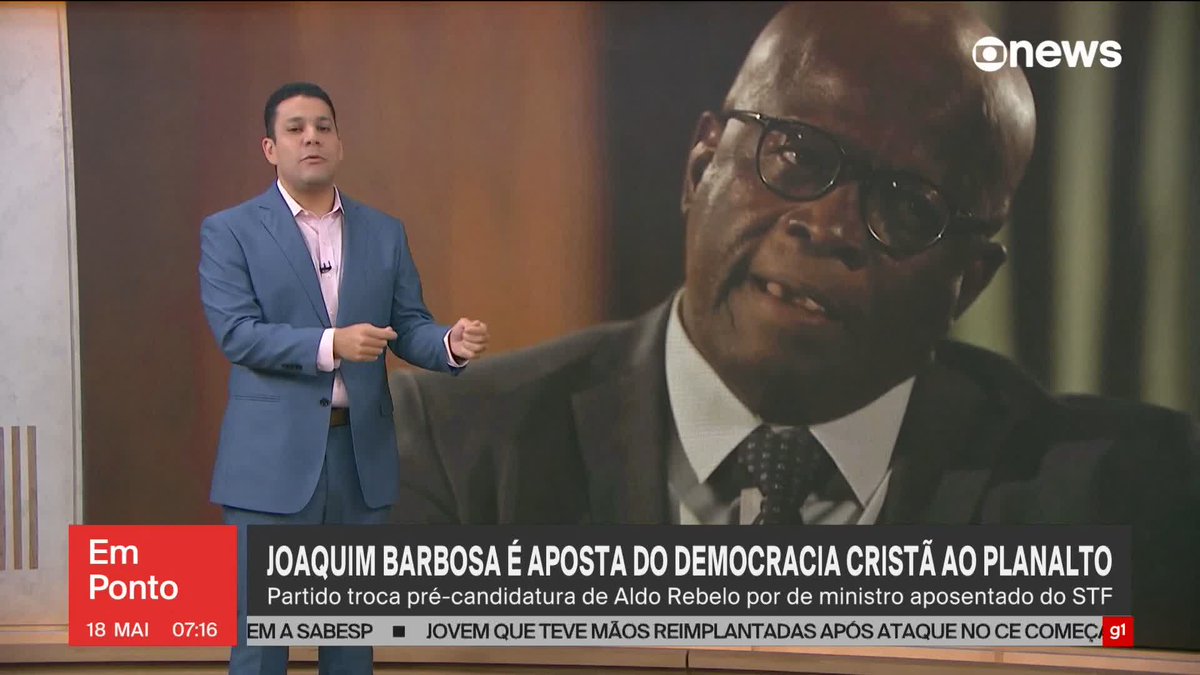 Joaquim Barbosa é confirmado como pré-candidato à Presidência da República pelo Democrata Cristão. ➡️ Assista à #GloboNews: #GloboNewsEmPonto #eleições2026
