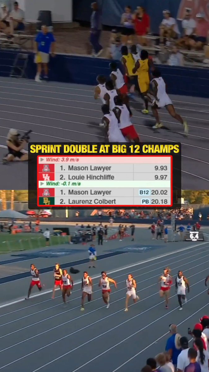 Mason Lawyer becomes first Arizona sprinter to sweep conference champs 100m/200m titles in 35 years! Last time was former NFL player and Olympic 200m bronze medalist Michael Bates in 1991.