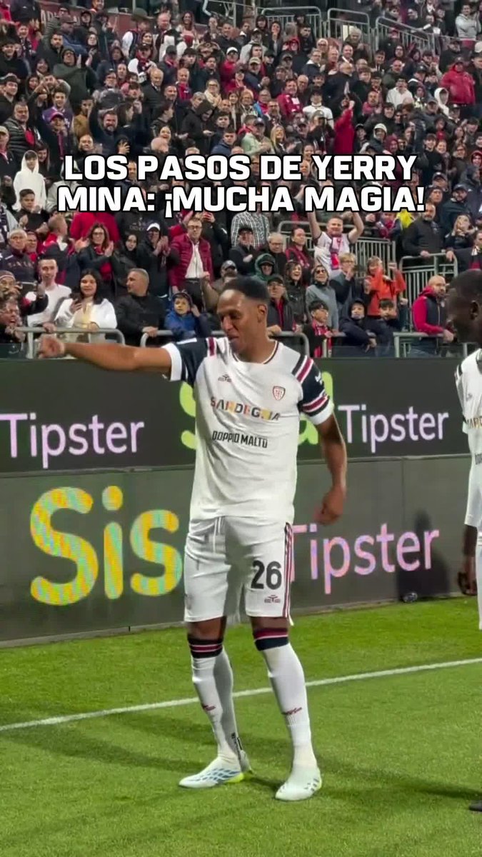 🇨🇴 ¡BAILE PARCE, BAILE! 🎶 Luego de marcar un gol de cabeza en el triunfo 2-1 ante Torino, que aseguró la permanencia del Cagliari en la #SerieAxESPN, Yerry Mina sacó a relucir sus pasos prohibidos en el festejo... ¡Anda muy bien el colombiano! 📹 Cagliari Calcio