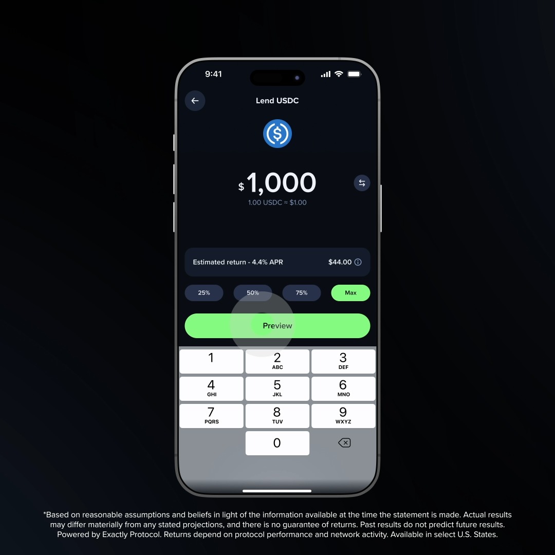 ICYMI: USDC just got a powerful upgrade. Lend your $USDC to turn it into an active, yield-generating asset and watch your earnings grow live on your dashboard. Access the benefits of DeFi lending right from your wallet. See how it works โ *Based on reasonable assumptions and beliefs in light of the information available at the time the statement is made. Funds are deposited to, and yields are paid by, the Exactly Protocol, a decentralized protocol on the Base blockchain. Financial forecasts, even those presented with numerical specificity, are estimates based on subjective and variable assumptions that are inherently subject to material uncertainties, risks, and other changes in circumstances that are difficult to predict. Actual results may differ materially from any stated projections, and there is no guarantee of returns unless your funds are borrowed. Past results do not predict future results. Uphold cannot guarantee future performance and undertakes no obligation to assess the veracity of any stated projections. Users are cautioned not to rely on these projections when making a decision regarding Exa Earn. Available in select U.S. States. Powered by Exactly Protocol. Yield is variable and not guaranteed. Returns depend on protocol performance and network activity. Past performance does not guarantee future results. High credit demand means you may not be able to withdraw all your funds. You can withdraw your assets at any time as long as there is available (unborrowed) liquidity in the asset pool. Terms apply.