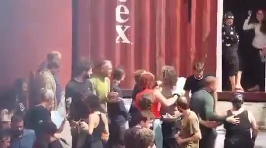 Flotilla activists are seen hugging after being transferred to Israeli vessels. Mission accomplished, I guess.