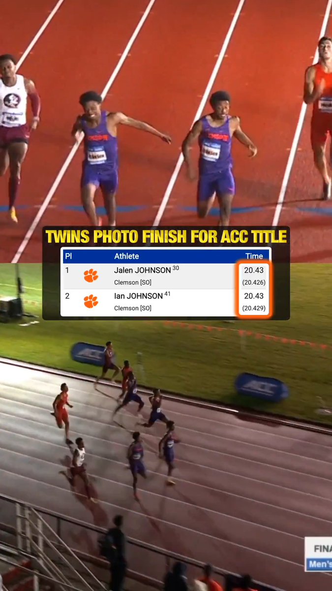 Three THOUSANDTHS of a second decides ACC 200m title race between Clemson twins Jalen and Ian Johnson!