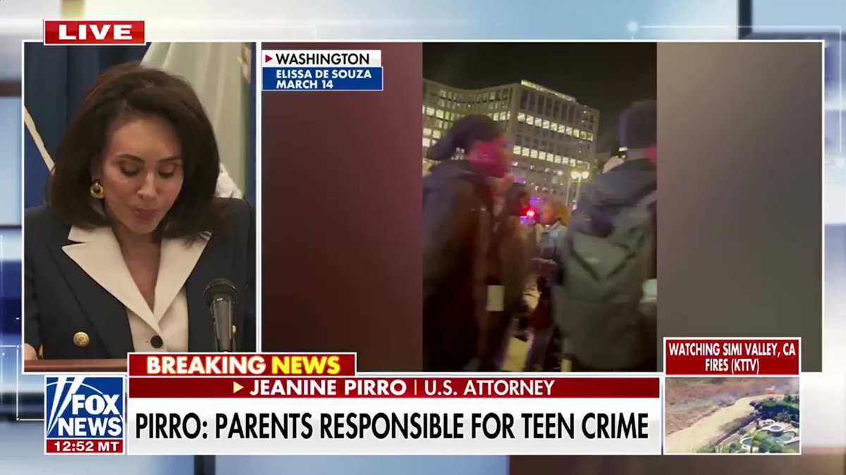NEW: U.S. Attorney Jeanine Pirro issues a fierce warning to DC teens and parents as the city sees a rise in juvenile crime, including teenagers allegedly caught on video taking part in a massive Chipotle brawl: "We're coming for you, and we're coming for your parents." "If your teen, parents, is a curfew violator, you're subject to a $500 fine each and every time.” “If there are crimes under contributing to the delinquency of a minor, you face up to 6 months in prison.” “I am not shy about looking for jail time." "The people of the district have had enough and we do not want this increasing as these teens run wild through our neighborhoods."