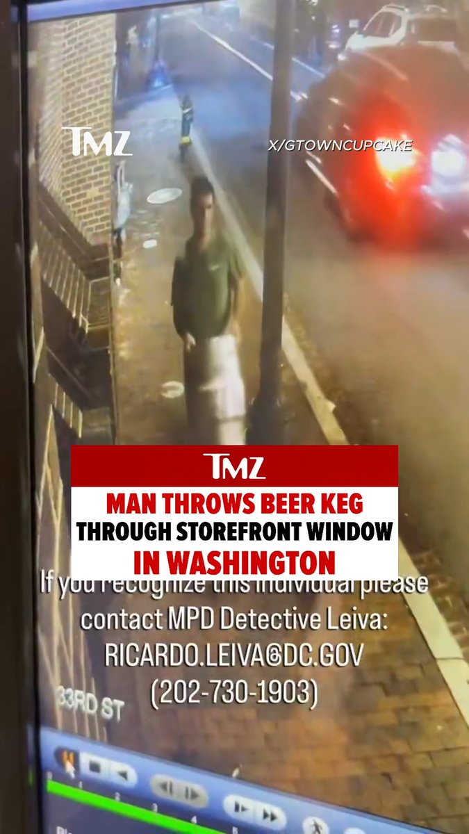 In Washington, police are looking for a man who was seen on surveillance video throwing a beer keg through the window of Georgetown Cupcake late Sunday night. 🎥: Georgetown Cupcake
