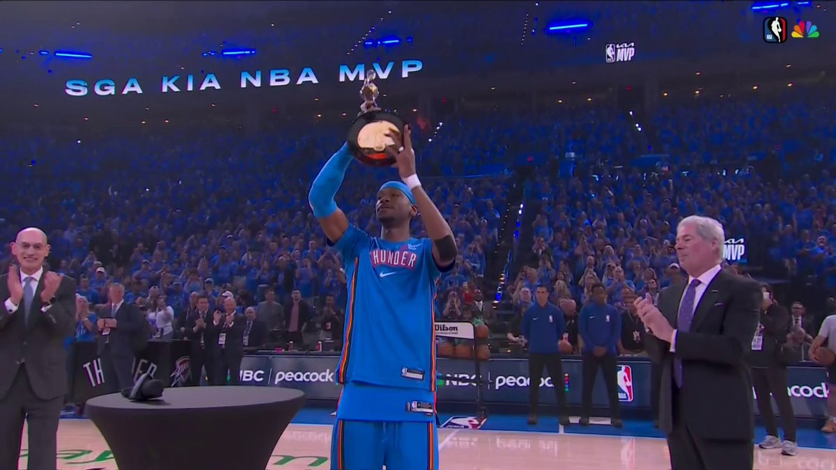 NBA Commissioner Adam Silver gives Shai Gilgeous-Alexander his 2nd MVP trophy 🏆🏆 (📷 NBC)