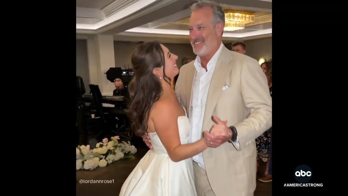 During a wedding reception in San Diego, while the bride danced with her father for their father-daughter dance, her dad's plan to cut in with an old audio recording took everyone by surprise – and had the groom crying tears of joy. David Muir reports.