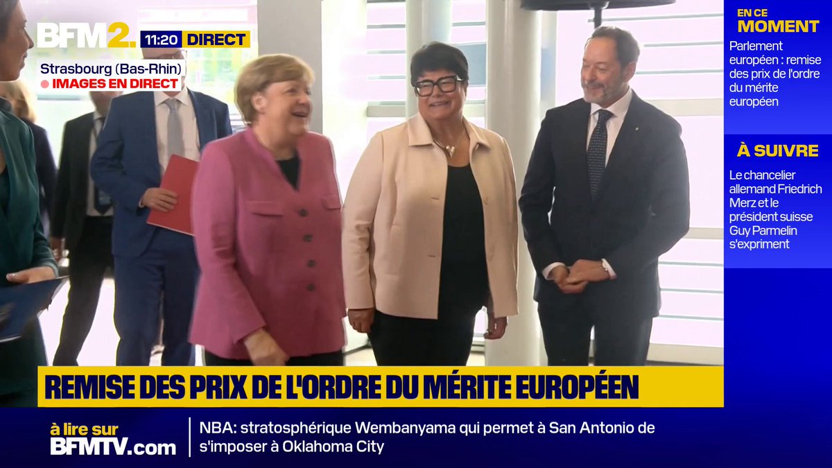 L'ancienne chancelière allemande Angela Merkel, nommée membre distingué de l'ordre européen du Mérite, arrive à la cérémonie de remise des distinctions #BFM2