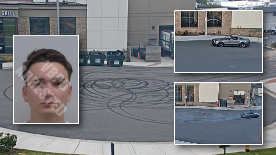 A 20-year-old man was taken into custody after surveillance cameras captured a silver Ford Mustang pulling into a turnaround circle and performing what appear to be a series of dangerous exhibition stunts, leading to multiple charges of destruction of city property.