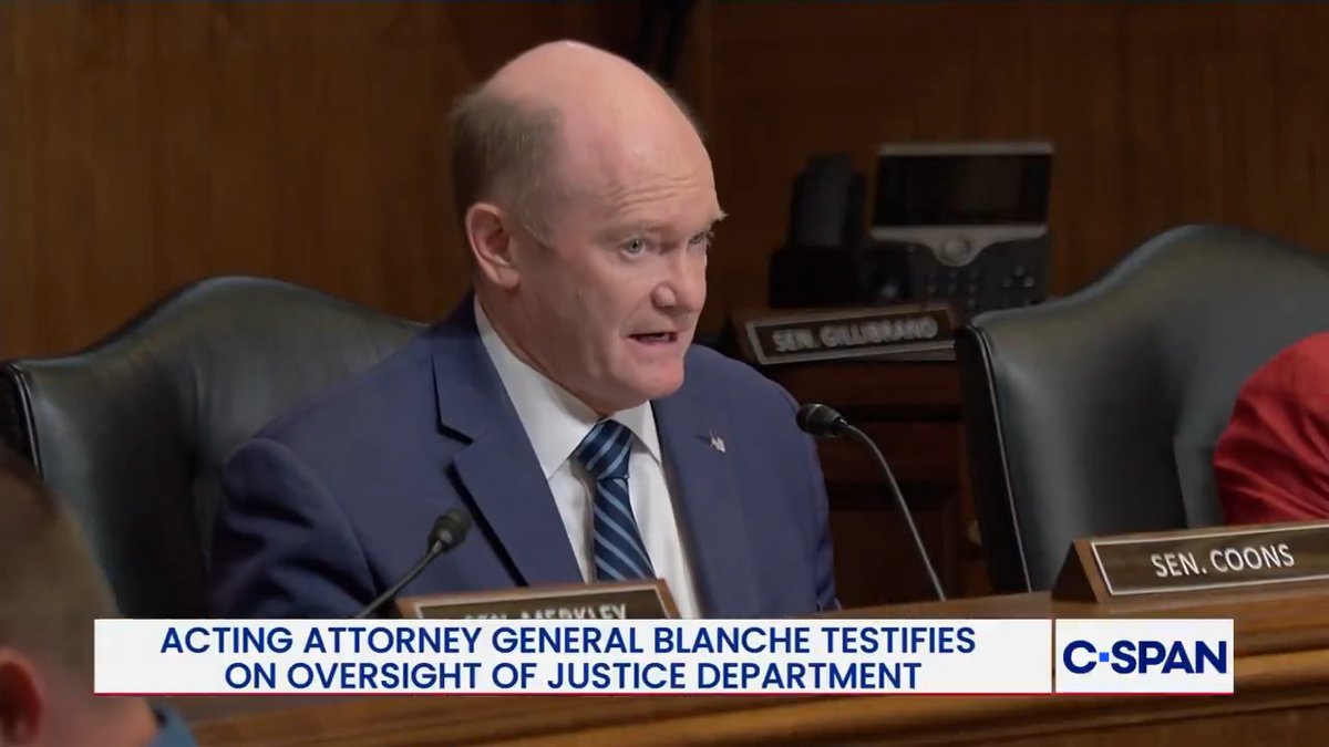 Sen. Senator Chris Coons (D-DE): "Has it ever happened that a sitting president sued his own government for $10B and then directed…the establishment of a payout fund?" Acting AG Todd Blanche: "There's a lot of things that President Trump's the first of. No president had been indicted."