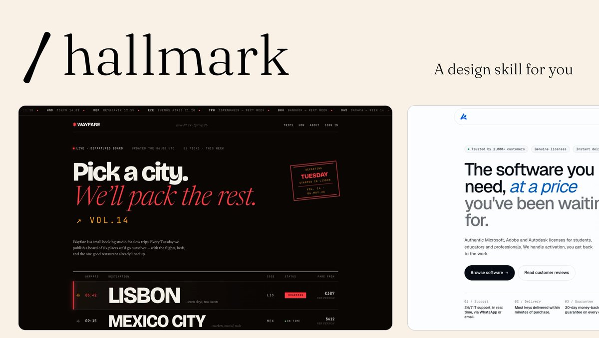 Introducing Hallmark! An open source design skill to make beautiful UIs and landing pages by default. Works in Claude Code, Cursor, and Codex. npx skills add nutlope/hallmark