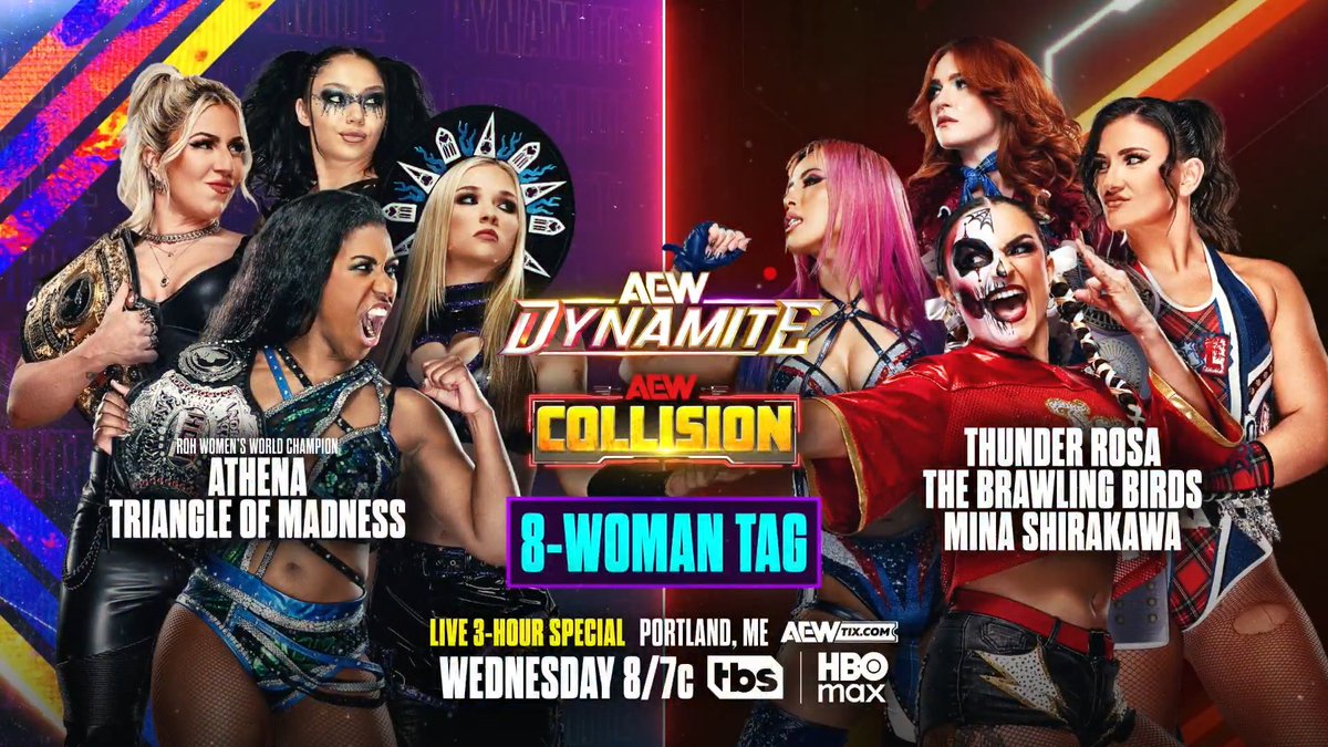 #AEWDynamite & #AEWCollision 3-HOURS! 8/7c, TBS & HBO Max Tomorrow, 5/20! 8-Woman Tag Athena is ROH & All Elite!/Thekla テクラ/@SkyeByee/julia hart vs @ThunderRosa22/JAMIE HAYTER/@HailWindsor/Mina Shirakawa♡白川未奈 Multiple rivalries collide in this epic 8-Woman Tag Match, TOMORROW!