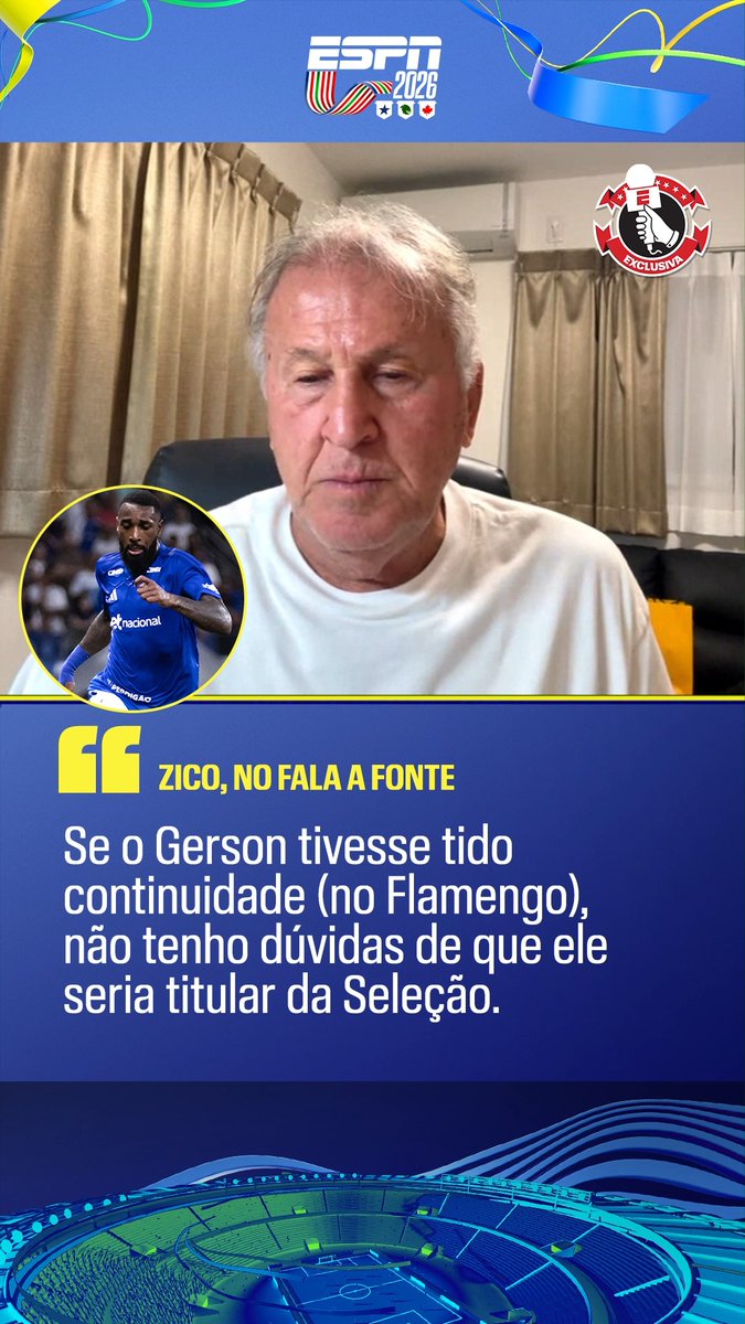 “Se o Gerson tivesse ficado no Flamengo, eu não tenho dúvidas de que ele poderia ser hoje titular da Seleção Brasileira.” “Eu acho o Pedro o melhor atacante que nós temos no Brasil. Eu esperava ele nessa lista.” 🎙️ Zico. 🎥 ESPN Brasil | SportsCenter Brasil