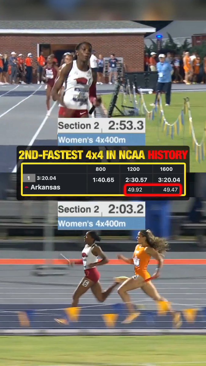 Back-to-back 49s splits for the Arkansas squad who ran the second-fastest 4x400m time in NCAA history at the SEC Championships. 🐗