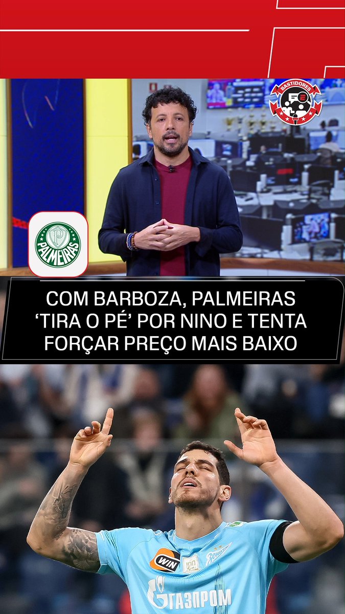 Com Alexander Barboza, do Botafogo, garantido como novo reforço para o meio do ano, o Palmeiras tirou o pé do acelerador para contar com Nino, zagueiro campeão da Libertadores com o Fluminense em 2023, e que hoje defende o Zenit, da Rússia. De acordo com apuração da ESPN, a oferta que o Palmeiras pelo defensor é abaixo dos 10 milhões de euros (R$ 58 milhões). Por outro lado, o Zenit sugere que negociar o zagueiro pelo dobro: 20 milhões de euros (R$ 116 milhões). Saiba TUDO dos bastidores da bola no Fala a Fonte, de segunda à sexta, às 11h30 (de Brasília), AO VIVO no YouTube da ESPN Brasil! #FalaFonte #FutebolNaESPN #Palmeiras #Nino