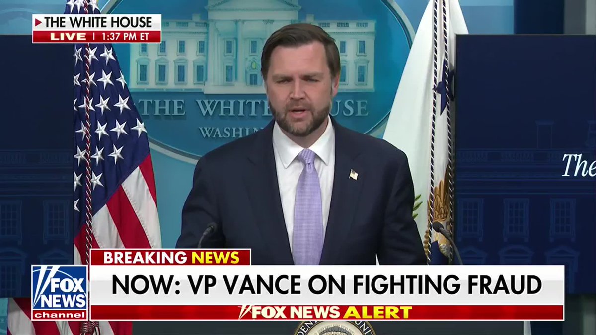 JUST IN: VP Vance calls out fraudsters who are stealing money from innocent people relying on America's spirit of generosity: "I think it's a great thing about our country is that we have this generosity of spirit where we take care of one another, but fraud takes that away from us because it steals money from the taxpayer when they pay their taxes.” “And it also steals money from innocent people who are meant to benefit from these programs, but can't when the money runs dry."