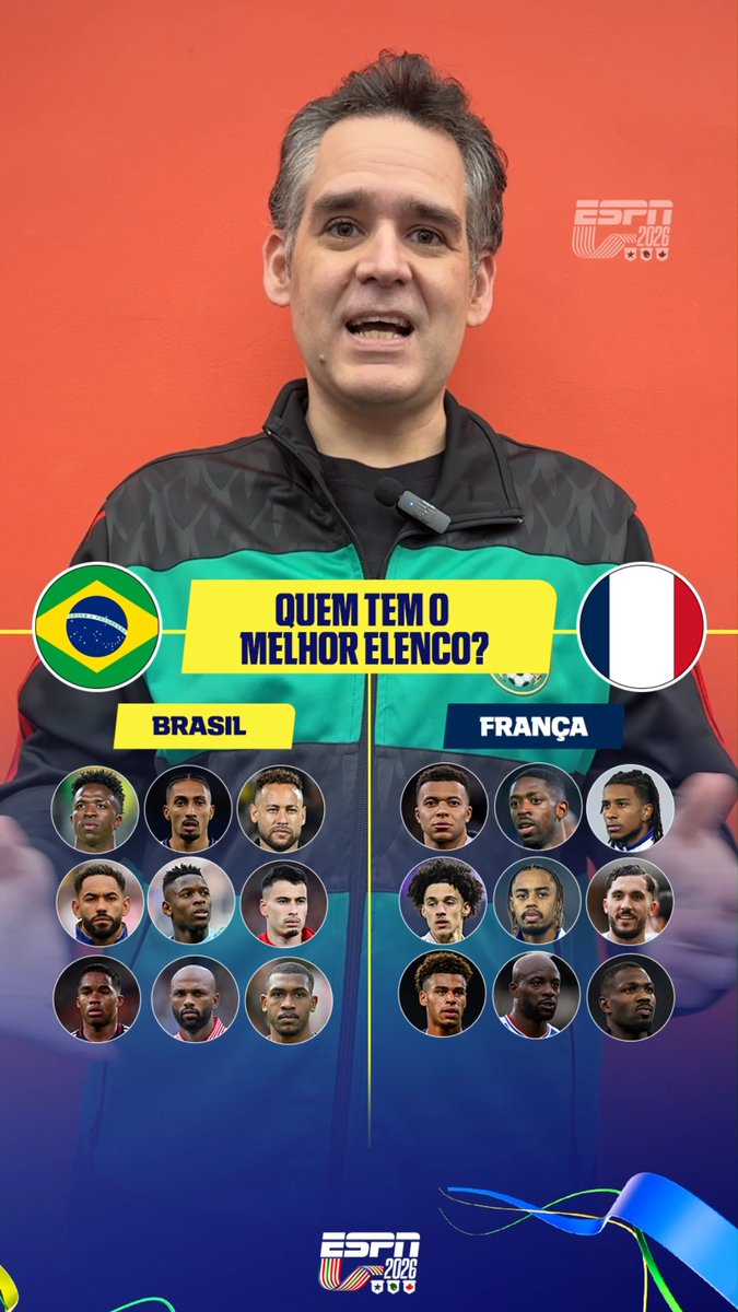 BRASIL X FRANÇA: QUEM TEM A MELHOR CONVOCAÇÃO? 🇧🇷🤝🇫🇷 O Leo Bertozzi escolheu! E para você, fã de esporte, quem vem melhor para a Copa do Mundo? #ESPN2026 #FutebolNaESPN #Brasil #França