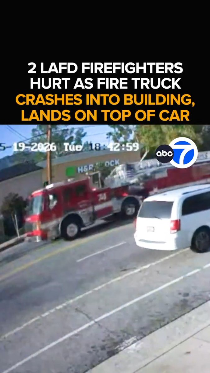 CAUGHT ON CAMERA: Two LAFD firefighters are hurt when their fire engine spins out of control, striking an H&amp;R Block office before landing on top of a car. An update on the firefighters, and the latest on the crash investigation - Tonight at 11 from ABC7.