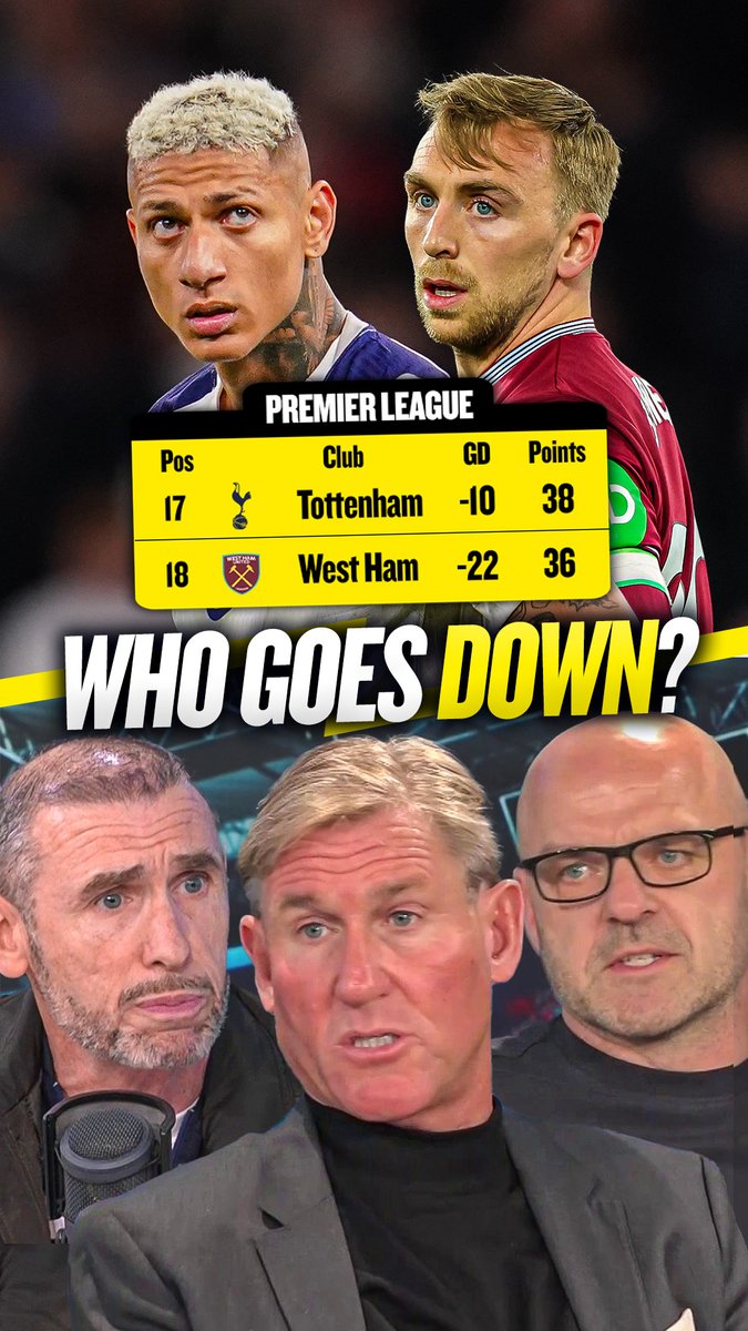 ⚪️ Will #THFC avoid losing to Everton? ⚒️ Can #WHUFC beat Leeds? Simon Jordan, Martin Keown and Danny Murphy reveal who they think are getting relegated on the Premier League's final day! 👀