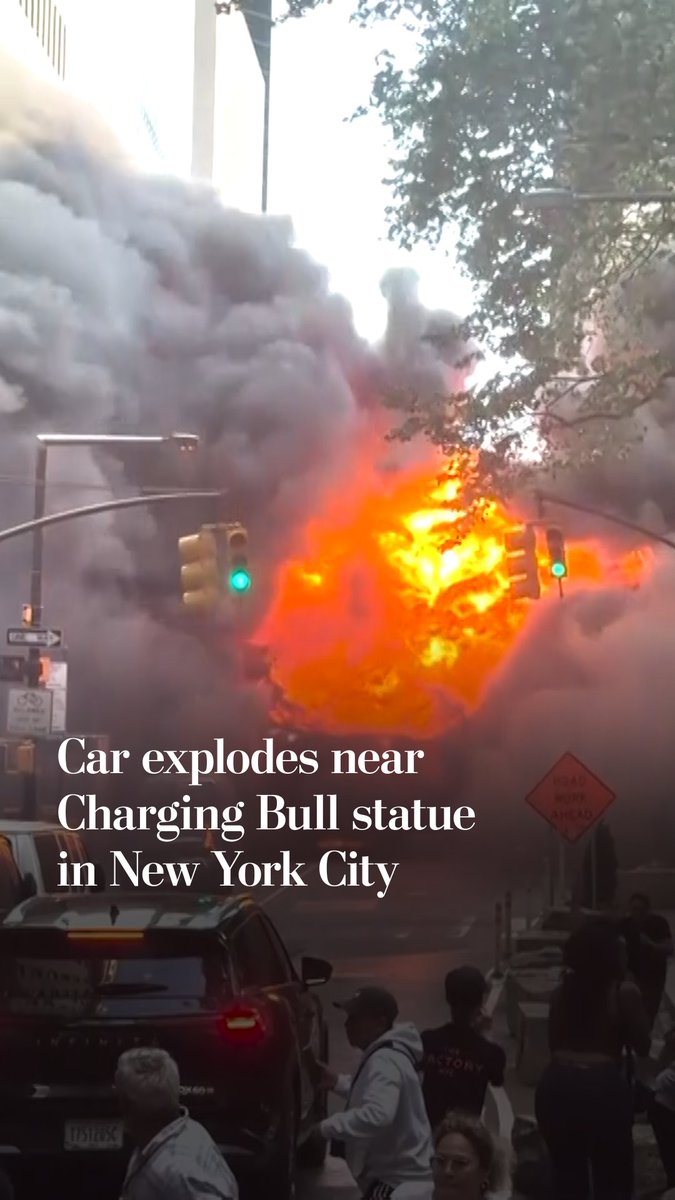 A vehicle exploded after catching fire near the Charging Bull statue in the Wall Street area of New York City on Tuesday, May 19. No injuries were reported and the cause of the fire and explosion are still being investigated.