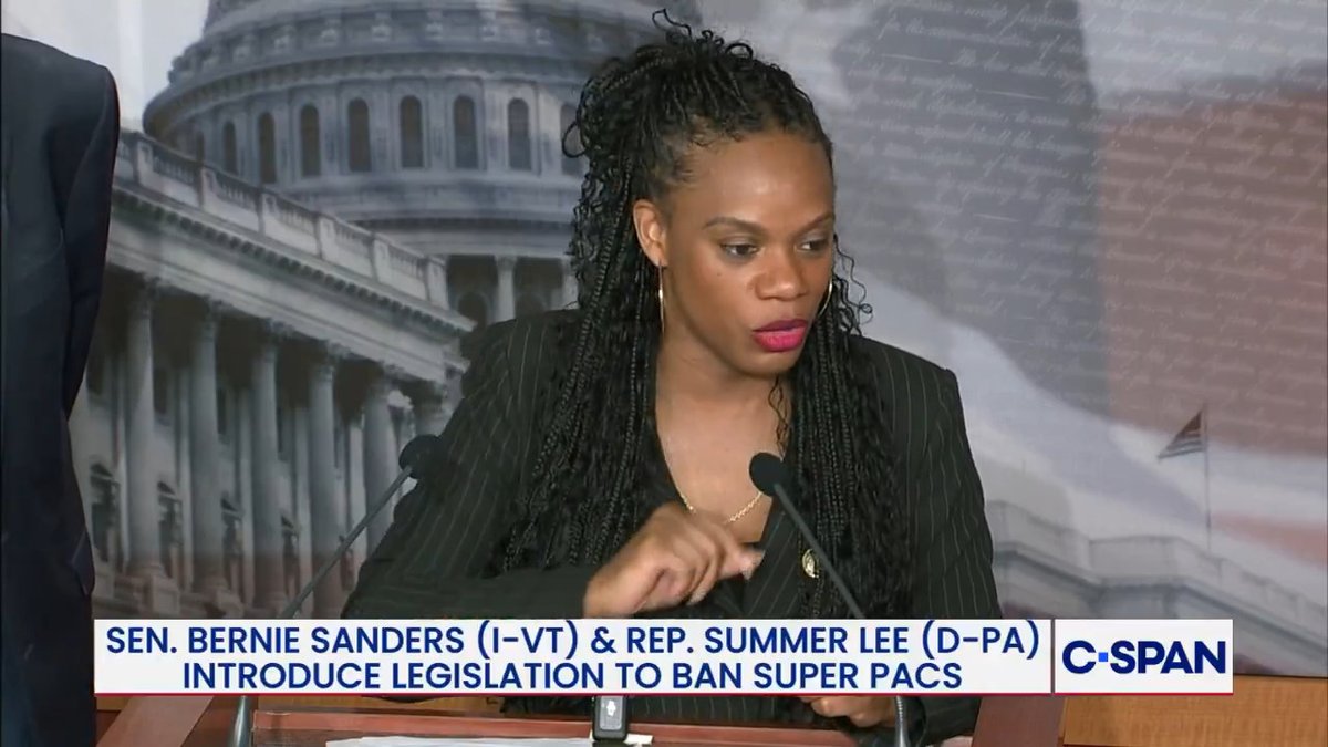 .Rep. Summer Lee (D-PA) on Abolish Super PACs Act introduced with Sen. Bernie Sanders (I-VT): "If we don't do something about big money in politics, we will have no democracy to fight for anymore."