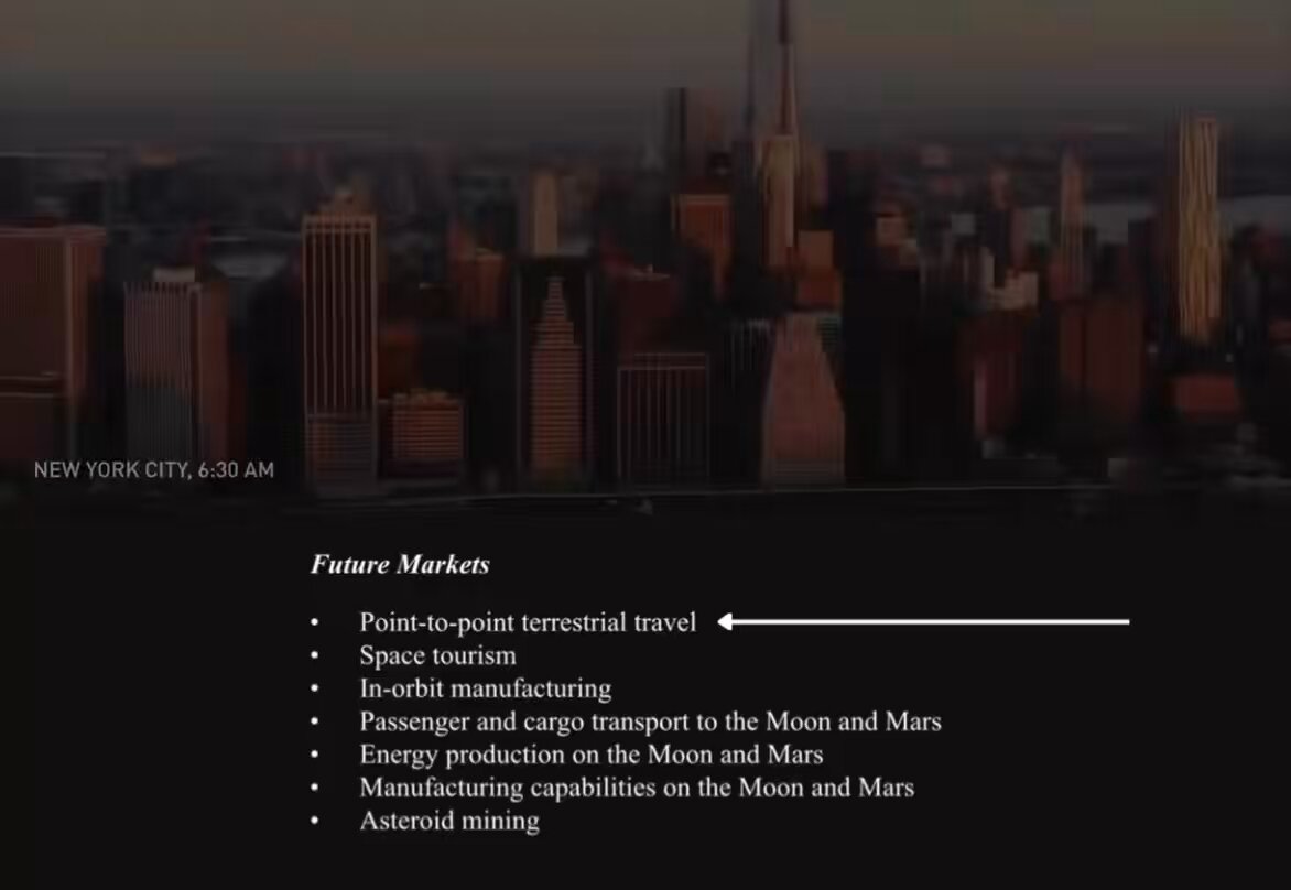 SpaceX confirmed in their IPO filing that they still plan to offer point-to-point terrestrial travel on Earth using Starship It will enable passengers to fly anywhere in the world in about 30 minutes or less on Starship. • Los Angeles to New York: 5h 25m → 25 min • Bangkok to Dubai: 6h 25m → 27 min • Tokyo to Singapore: 7h 10m → 28 min • London to New York: 7h 55m → 29 min • New York to Paris: 7h 20m → 30 min • Sydney to Singapore: 8h 20m → 31 min Get ready, the future is wild.
