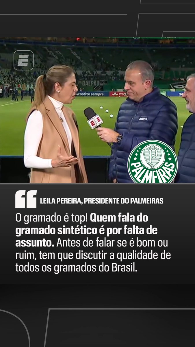 ‘O GRAMADO É TOP!’ Leila Pereira, presidente do Palmeiras, elogiou o gramado do Allianz Parque e afirmou que quem fala mal do sintético é por falta de assunto. Assista a Palmeiras x Cerro Porteño, AO VIVO pela ESPN no Plano Premium do #DisneyPlus. #LibertadoresNaESPN #FutebolNaESPN #Palmeiras