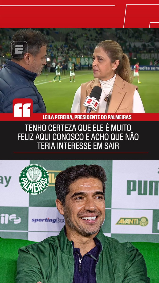 Leila Pereira, sobre uma possível saída de Abel Ferreira do Palmeiras: “Eu não tenho essa preocupação. Eu tenho uma certeza muito grande de que o Abel é muito feliz aqui conosco e que ele não tem interesse em sair.” 🎥 ESPN Brasil | SportsCenter Brasil