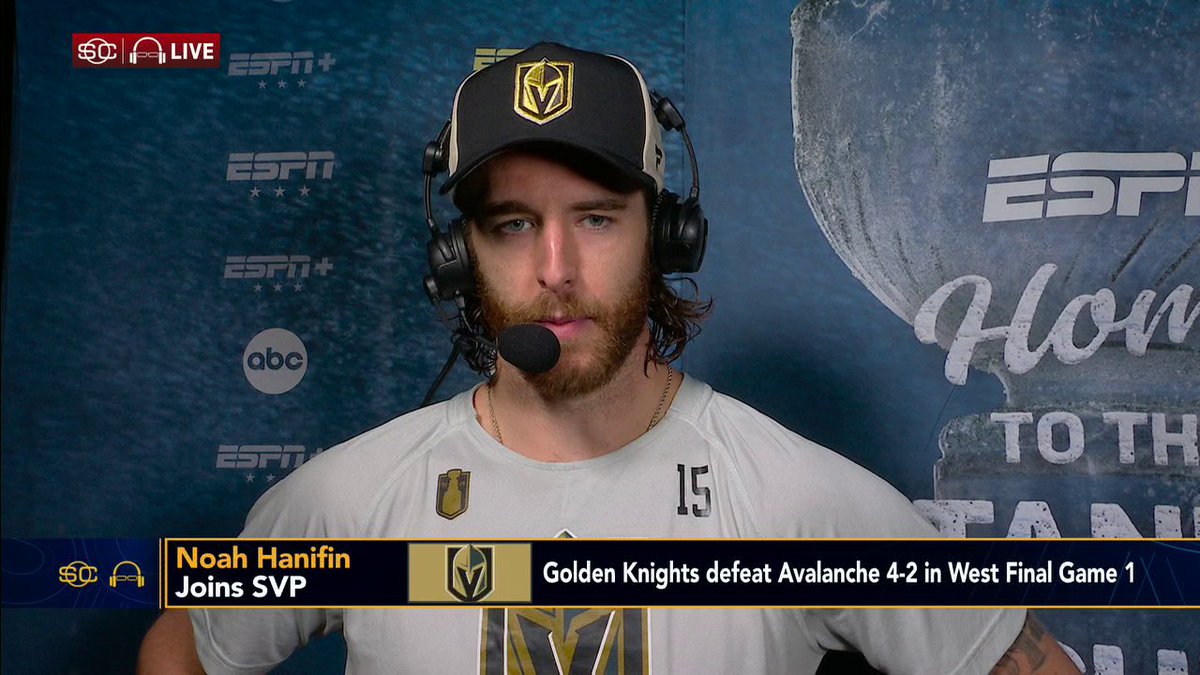Noah Hanifin joins Scott Van Pelt on SportsCenter to react to the Golden Knights’ Game 1 win 🏒