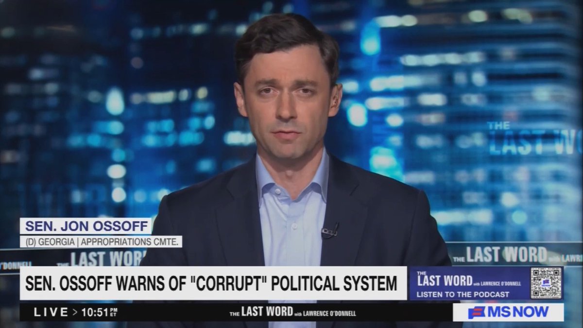 Ossoff: I am running in Georgia against two Trump lackeys who, you can rest assured as they race for the President's approval, would be voting for this crooked ballroom and this insurrectionist slush fund. And in fact, every national political reporter in the country should be putting that question to these two candidates tonight. They want to be candidates for the U.S. Senate? Let's see them prove to the people of Georgia… because they're pro-war, they're pro-tariff, they're pro-cutting health care. Let's find out where they stand on the crooked ballroom and the insurrectionist slush fund.