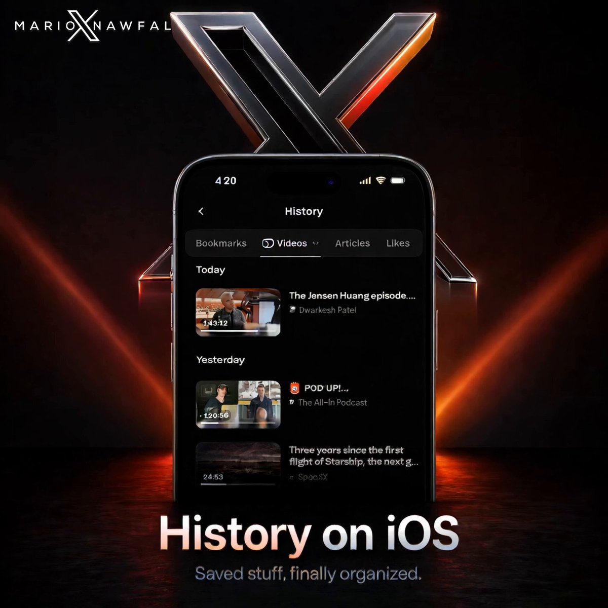 𝕏 just dropped a History tab on iOS. Finally, your saved stuff doesn’t disappear into the void. Bookmarks, Likes, Videos, Articles. All in one place. The feed moves fast. This actually keeps up. Find your stuff again: * Open 𝕏 * Tap your profile picture top-left * Tap “History” it replaced Bookmarks * Switch tabs Bookmarks, Likes, Videos, Articles * Scroll, search, resume like a normal person No more “where did that go?” moments. X