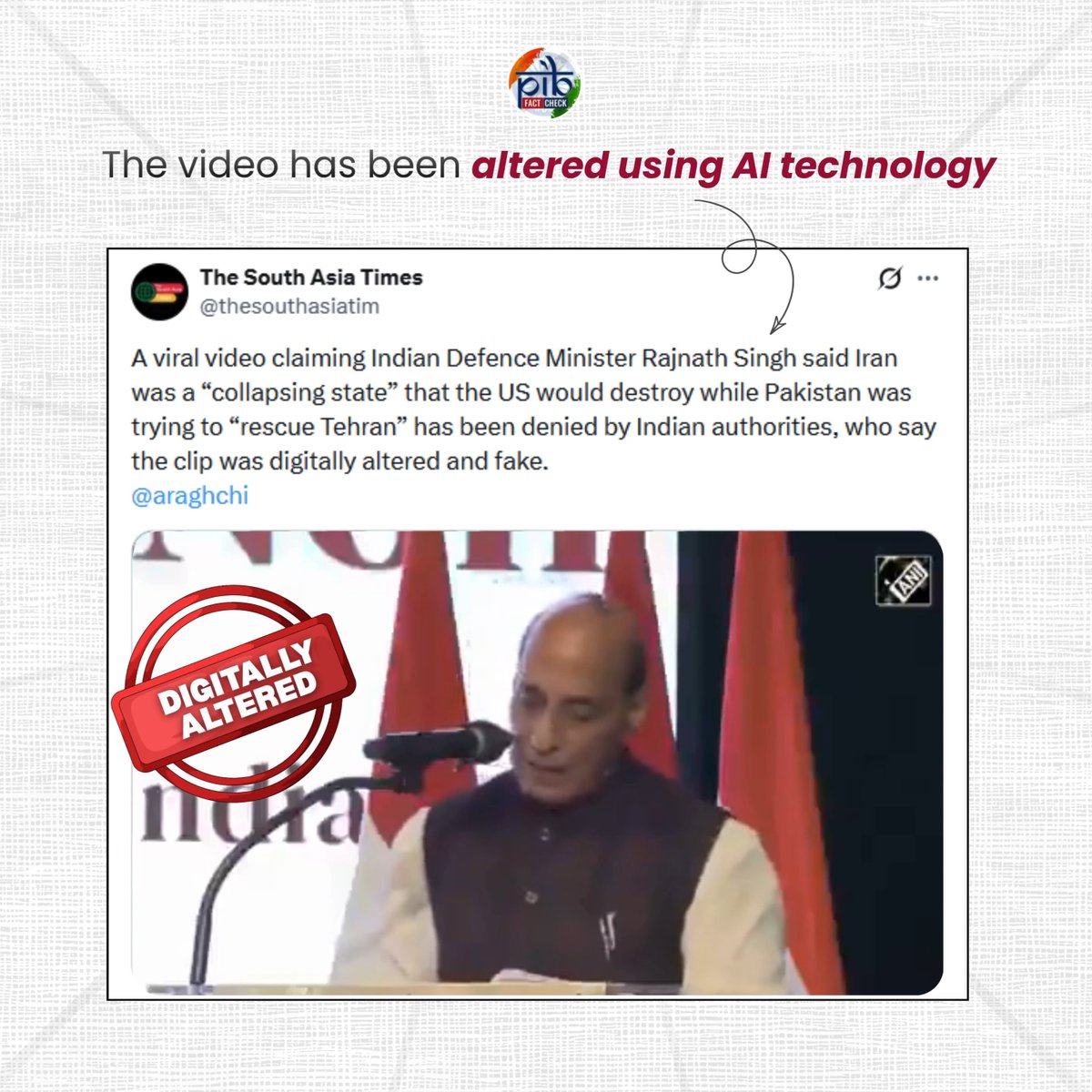🚨 AI-Generated Video Alert! Pakistani propaganda accounts are circulating a video falsely attributing remarks to the Defence Minister Rajnath Singh. #PIBFactCheck: ❌ This video is #FAKE and has been digitally altered. ✅ The Defence Minister did NOT make any such statement. 🔗 Watch the 'original unedited video' here: ⚠️ Beware of malicious cross-border disinformation campaigns aimed at misleading the public. 🔴 Report suspicious content regarding the Government of India to PIB Fact Check👇 📱 WhatsApp: +91 8799711259 📧 Email: factcheck@pib.gov.in