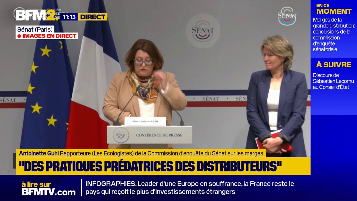 Marges de la grande distribution : "Sur 100 euros dépensés par le consommateur, les agriculteurs en perçoivent 8 euros, [...] plus de 40 euros reviennent à la distribution et aux services" déclare Antoinette Guhl, rapporteure de la commission d'enquête sénatoriale #BFM2