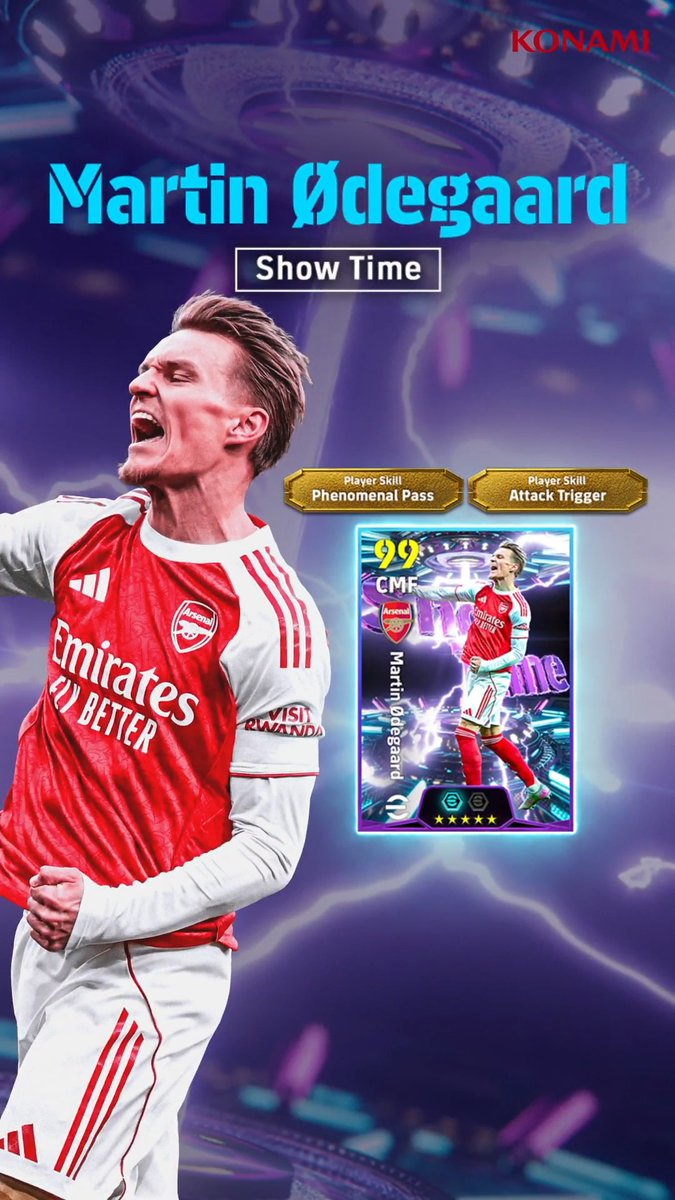 【Show Time: Martin Ødegaard】 悲願のリーグ優勝へとチームを導いた、 アーセナル FCのキャプテン、マルティン ウーデゴーアが登場！ 今回、選手本人が「能力値」「スキル」「写真」を選定✨ 今すぐログインで抽選契約権を獲得できる！ #イーフト #eFootball