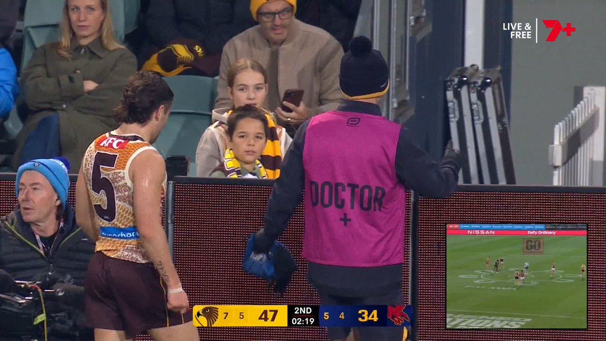 Nick Watson has gone down to the rooms for an HIA following this collision. #AFLHawksCrows