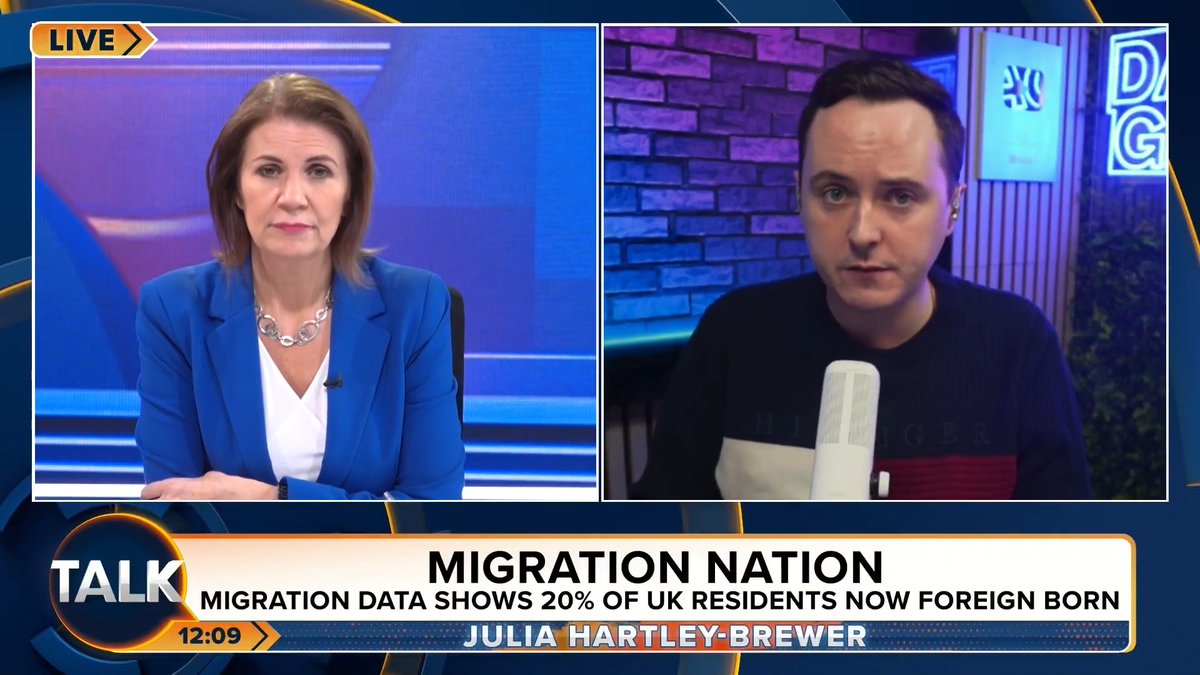 "It’s a complete and utter betrayal. Nobody voted for this. It's been a forced diet of this multi-cultural, diverse ideology." Reform UK's Darren Grimes says "unprecedented" levels of migration have led to the "fundamental transformation" of Britain. Julia Hartley-Brewer | Darren Grimes
